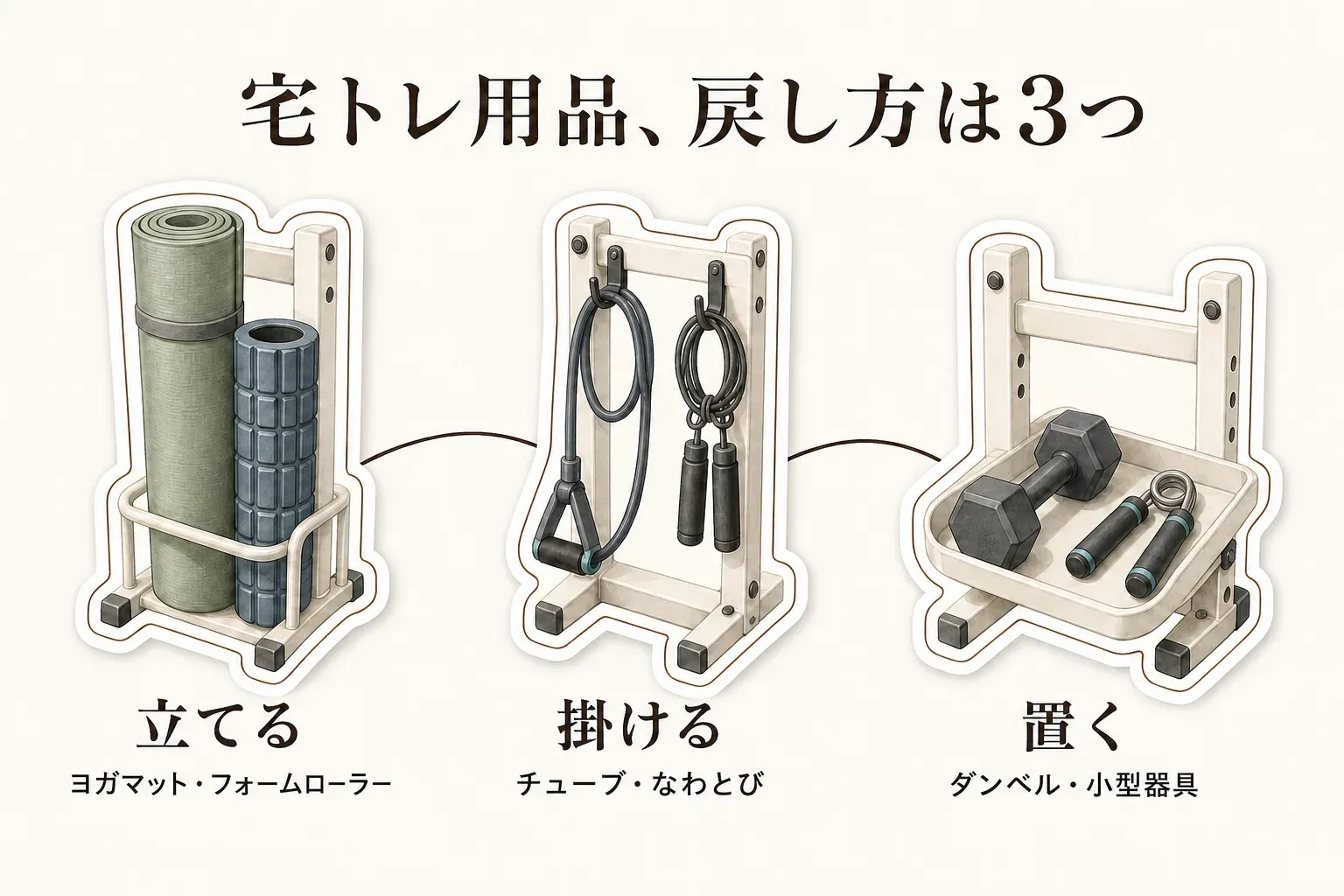 宅トレ用品の戻し方を3つに分ける図。ヨガマットとフォームローラーはラックに立て、チューブとなわとびはフックに掛け、ダンベルと小型器具はトレーに置く方法を示している