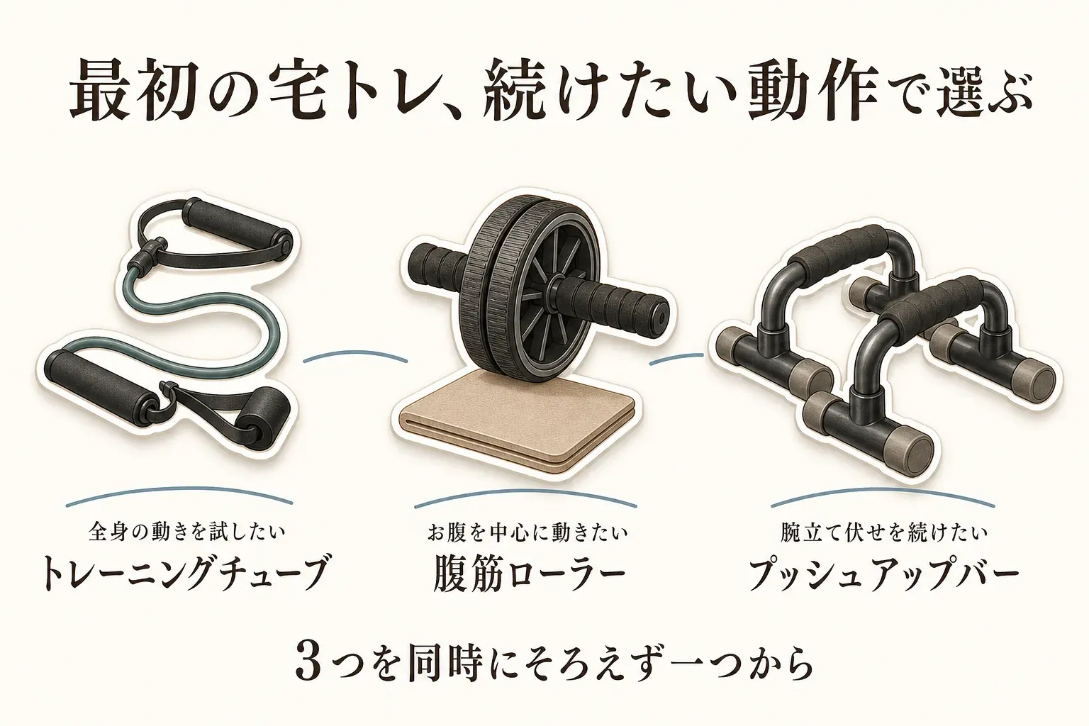 最初の宅トレ用品を続けたい動作で選ぶ図。全身の動きを試したい人はトレーニングチューブ、お腹を中心に動きたい人は腹筋ローラー、腕立て伏せを続けたい人はプッシュアップバーを選び、3つを同時にそろえず一つから始めることを示している