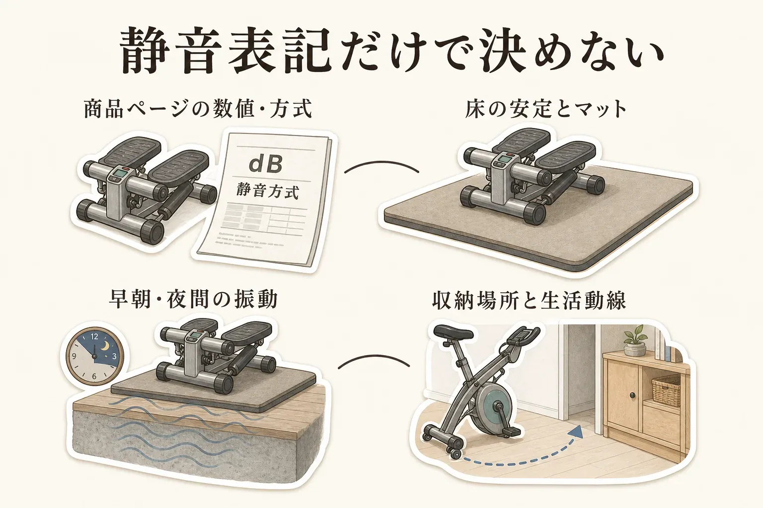 静音表記だけで決めず、商品ページの騒音値・静音方式、床の安定とマット、早朝・夜間の床への振動、収納場所と生活動線を確認することを示す図