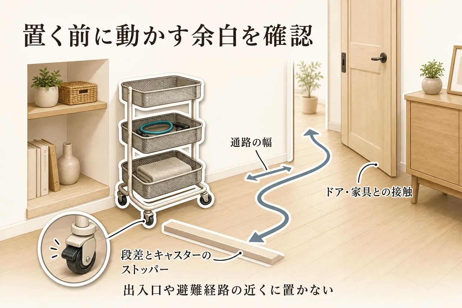 キャスター付き収納を置く前の確認図。ワゴンを動かす通路の幅、ドアや家具との接触、床の段差とキャスターのストッパー、出入口や避難経路の近くに置かないことを示す