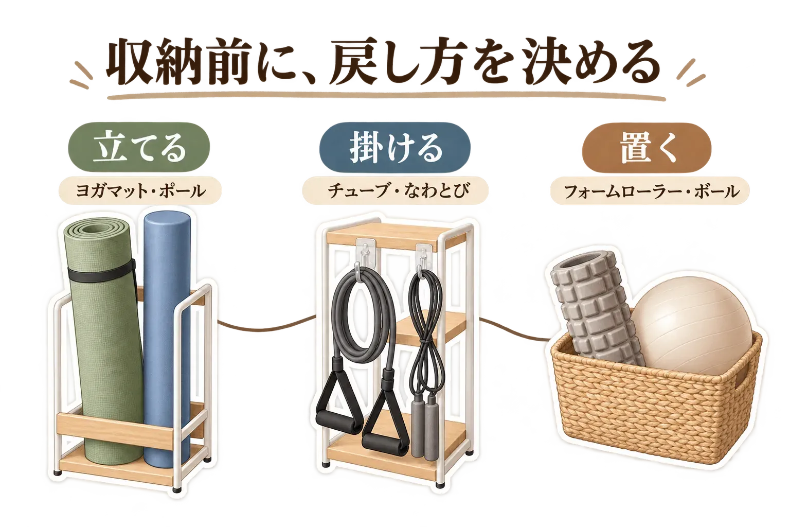 収納前に宅トレ用品の戻し方を決める図。ヨガマットとポールはラックに立て、トレーニングチューブとなわとびはワゴンのフックに掛け、フォームローラーとボールはバスケットに置く3つの収納方法を示す