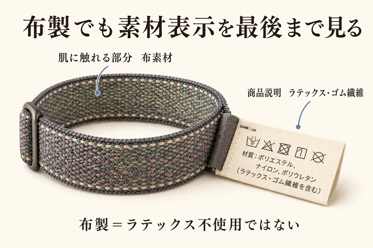 布製トレーニングバンドと素材表示を示す図。肌に触れる部分は布素材でも、商品説明にはラテックス・ゴム繊維を含む場合があるため、布製をラテックス不使用とは判断せず素材表示を最後まで確認するよう案内する